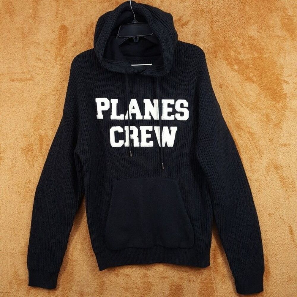 PAPER PLANES Hoodie Mens Small Black Ribbed Knit Pullover Sweatshirt Logo $188